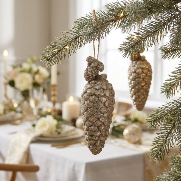 Glitzernder Tannenzapfen als Weihnachtsbaumschmuck hängend an einem Tannenbaum über einem festlich gedeckten Tisch.