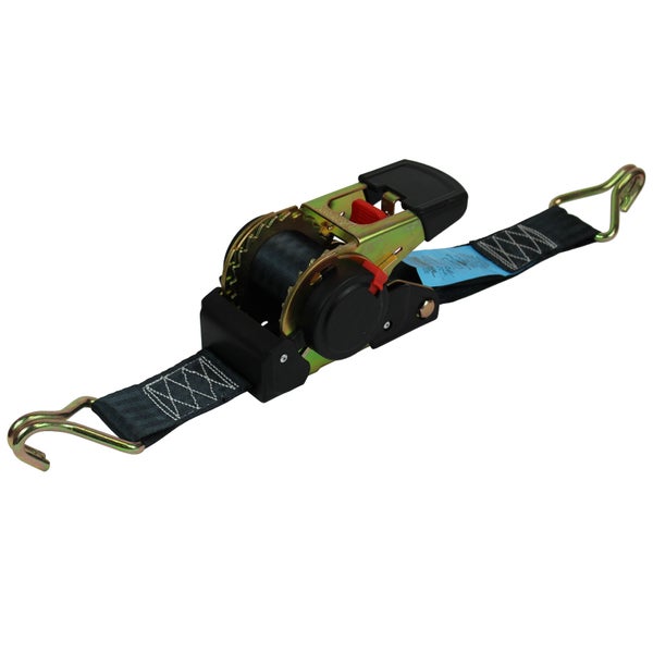 Spanngurt mit Ratschenmechanismus und zwei Metallhaken zur Ladungssicherung.