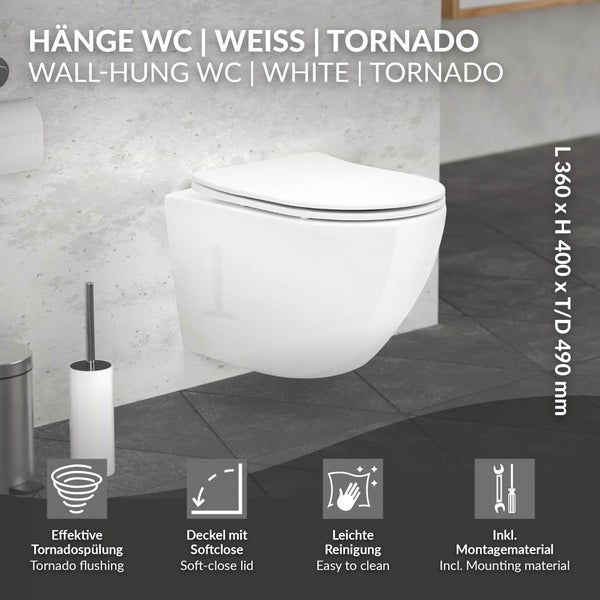 LuxeBath Wand WC Spülrandlos, Weiß, Tiefspüler Keramik Hänge WC, kurz 49 cm, Toilette ohne Spülrand, Softclose-Klodeckel, Tornadospülung, Glänzende Kloschüssel Hängend mit WC-Sitz Absenkautomatik