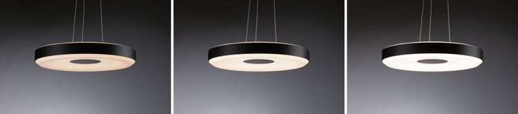 Runde LED-Pendelleuchte in Schwarz mit drei verschiedenen Farbtemperaturen von warmweiß bis kaltweiß.