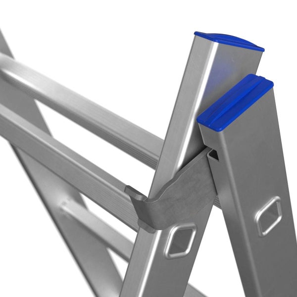 Detailansicht einer Aluminiumleiter mit integriertem Gelenk und Sicherungshaken