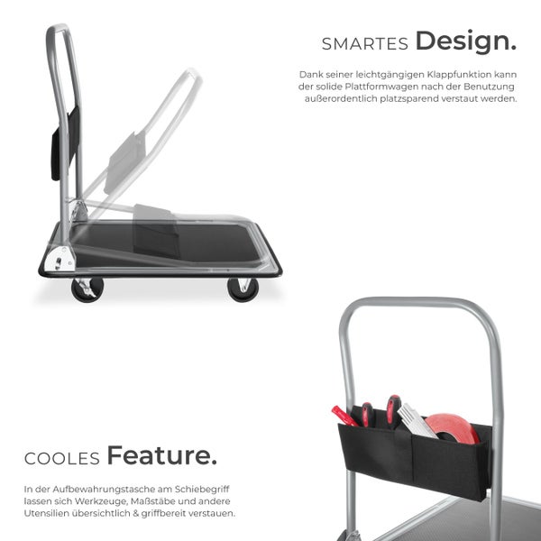 Plattformwagen mit klappbarem Griff und Aufbewahrungstasche für Werkzeuge