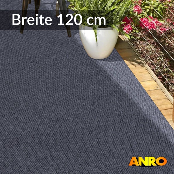 Grauer Outdoor Teppich von ANRO mit gerippter Struktur auf einer Holzterrasse, Breite 120 Zentimeter. ANRO Logo.
