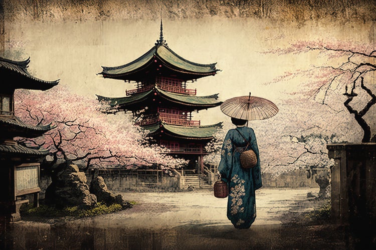 Illustration einer Person mit Sonnenschirm vor einem japanischen Tempel und blühenden Kirschbäumen