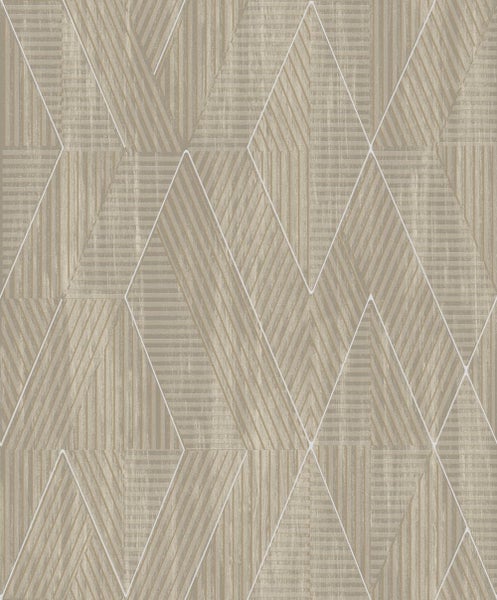 Esszimmer mit gemusterter Tapete und modernem Kronleuchter über einem runden Tisch.