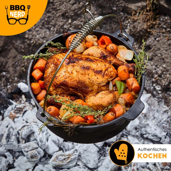 BBQ-Nerd Dutch Oven Starter 3,1L mit Füßen | bereits eingebrannt - preseasoned | Gusseisen Feuertopf, Bräter mit Deckel inkl. Deckelheber | Feuerfester Grill & Camping Kochtopf, Grilltopf