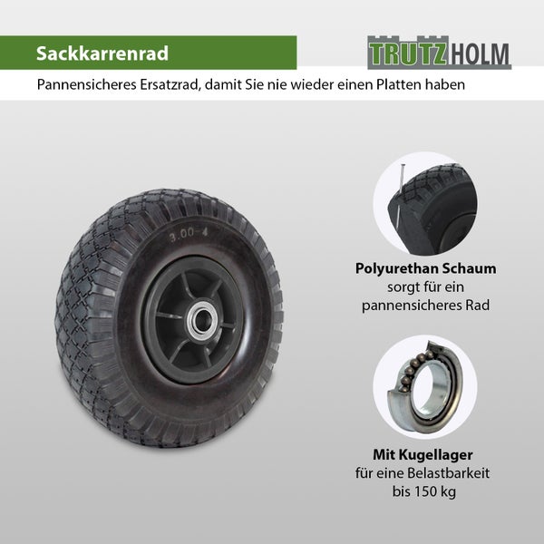 Pannensicheres Sackkarrenrad aus Polyurethanschaum mit Kugellager von Trutzholm. Ersatzrad mit 150 Kilogramm Tragkraft.