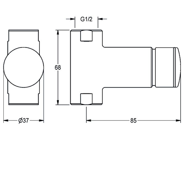 Maßzeichnung einer Armatur mit Abmessungen in Millimetern: Länge 85, Höhe 68, Durchmesser 37 und G 1/2 Zoll Gewinde.