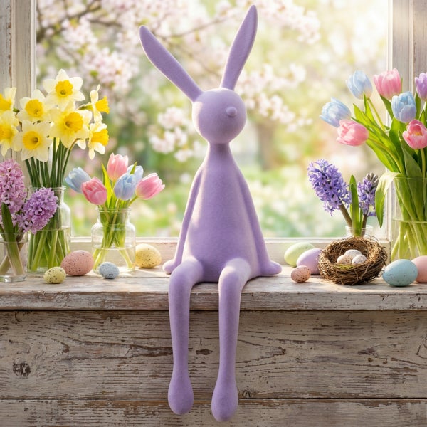 Osterdekoration mit sitzender Osterhasenfigur, Frühlingsblumen und Ostereiern auf einem hölzernen Fenstersims.