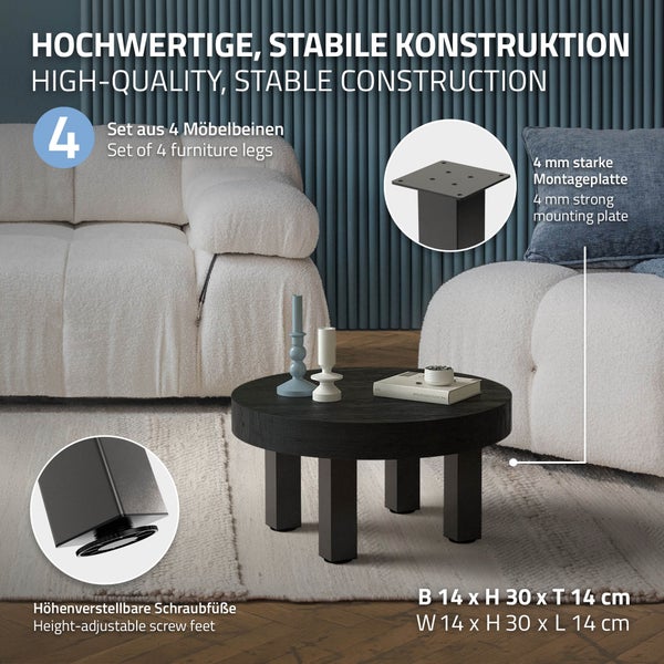 ML-Design 4er Set Tischbeine I-Design 30 cm, Dunkelgrau Optik Industrial, Stahl pulverbeschichtet, eckig, Profil 8x8 cm, Höhenverstellbare Möbelfüße 1-4 cm, Möbelbeine für Couchtische Bänke Sideboards