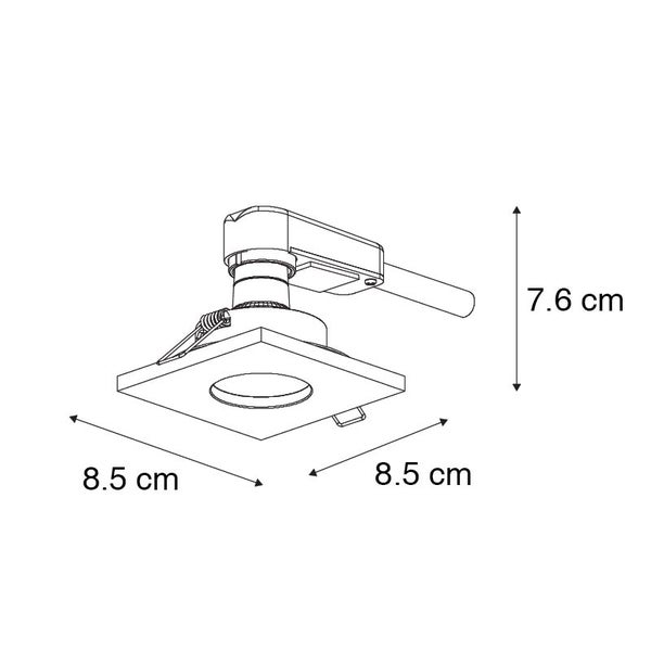 Technische Zeichnung eines quadratischen Einbaustrahlers mit Abmessungen von 8,5 mal 8,5 Zentimeter und einer Höhe von 7,6 Zentimeter.