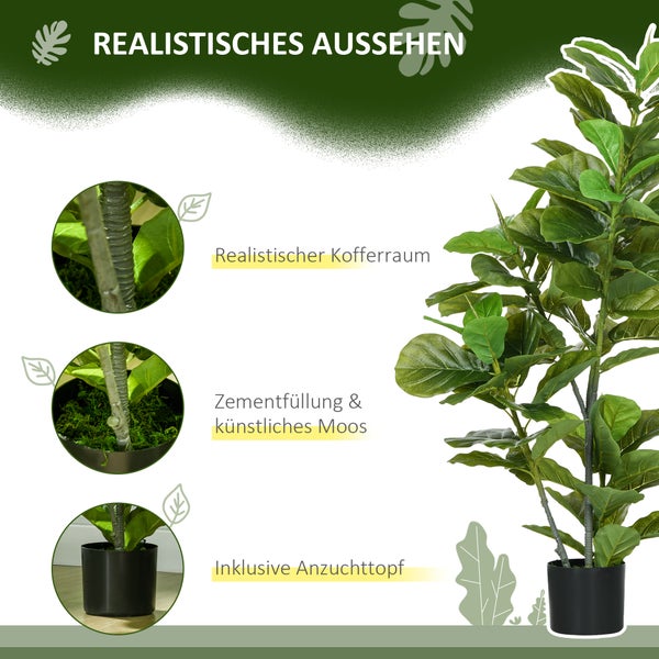Künstliche Pflanze mit realistischem Stamm, Zementfüllung, Kunstmoos und schwarzem Topf.