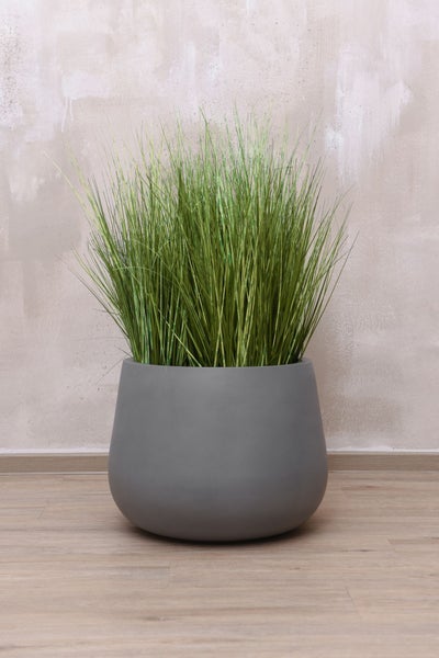 Runder grauer Pflanzkübel aus Fiberglas, Durchmesser 49 Zentimeter, Höhe 37 Zentimeter, bepflanzt in einer Gartenanlage.