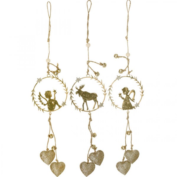 Dekorative Goldanhänger mit Engeln, Elchen und Herzen für die Weihnachtszeit