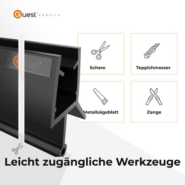 Quest Profile Logo, schwarzes Profil, Symbole für Bearbeitung mit Schere, Teppichmesser, Metallsägeblatt und Zange, Text Leicht zugängliche Werkzeuge.