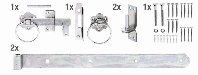 Set mit Torbeschlägen inklusive Ringfalle, Torbändern und Befestigungsschrauben aus verzinktem Stahl zur Montage von Toren.