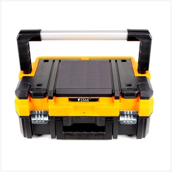 DeWalt TSTAK Werkzeugbox aus Kunststoff mit Aluminium-Tragegriff und robusten Metallschließen.