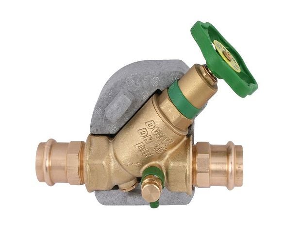 Freistromventil aus Messing mit Pressanschluss, Entleerungsventil und Dämmschale, Nennweite 25, zertifiziert für Trinkwasser.
