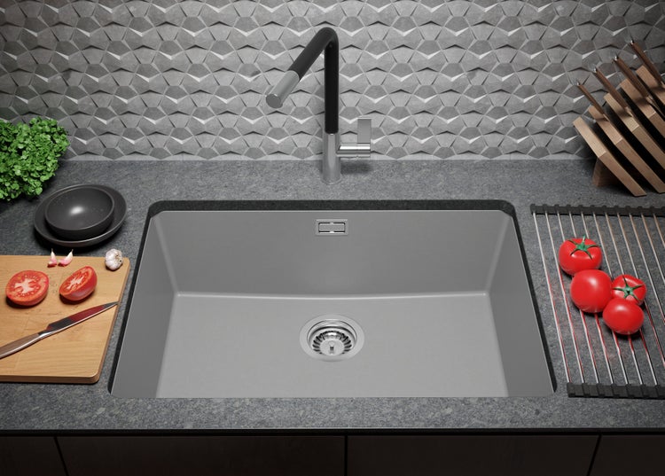 PRIMAGRAN Unterbauspüle Granit Grau 66x47cm, Spülbecken 1 Becken + Ablauf-Set, Granitspüle ab 70er Unterschrank - London