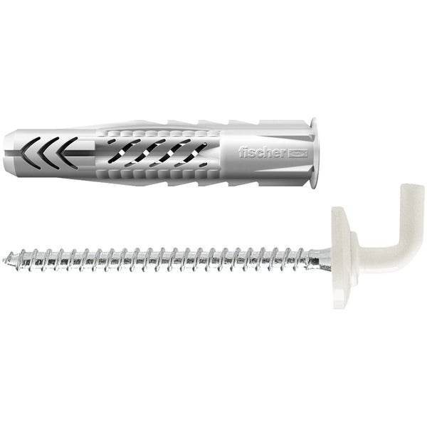 Fischer Kunststoffdübel mit Hakenschraube aus Metall und weißem Kunststoffhaken.