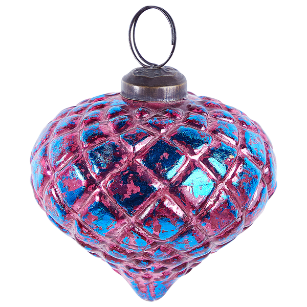 Weihnachtsbaumanhänger aus Glas in Herzform mit Rautenmuster und Metallöse.