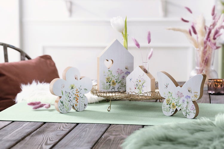 FRANK FLECHTWAREN | Haus mit Vase Blumenwiese, 2er Set, MDF, GLAS, 10 x 2,5 x 9,5 cm, 12,5 x 2,5 x 18 cm