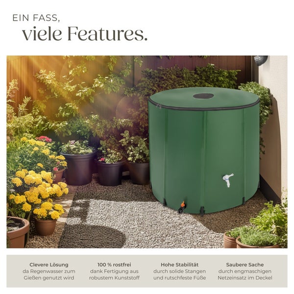 Faltbare Regentonne aus robustem Kunststoff mit Wasserhahn und Filterdeckel für den Garten.