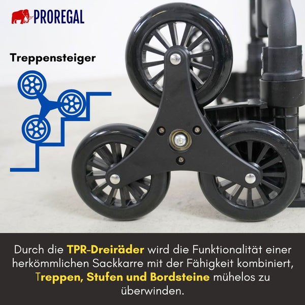 PROREGAL Klappbare Treppensackkarre ELEPHANT HxBxT 110x45x48cm Traglast 70kg Aluminiumrahmen ergonomische Griffe TRR Fachgummiräder Schwarz Treppensteiger Sackkarre