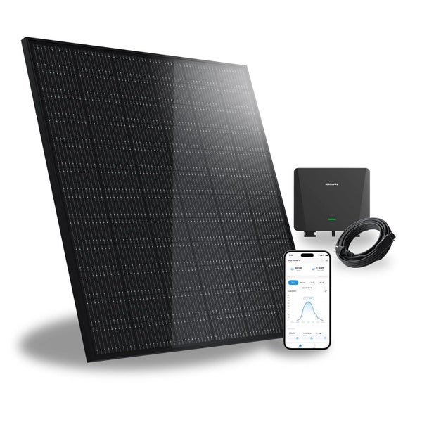 Solarmodul mit Wechselrichter, Kabel und Smartphone zur Leistungsüberwachung