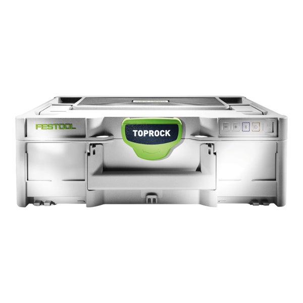 Festool Toprock Bluetooth-Lautsprecher integriert in einen Systainer mit Tasten für Lautstärke und Bluetooth-Verbindung.
