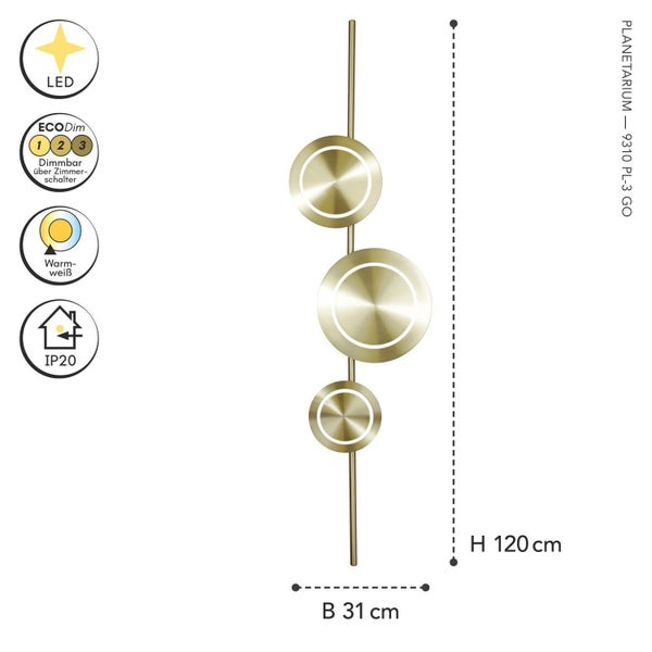 Goldene Wandleuchte Planetarium mit drei LED-Elementen auf vertikalem Stab, dimmbar über Schalter, warmweiß, IP20, Höhe 120 und Breite 31 Zentimeter.