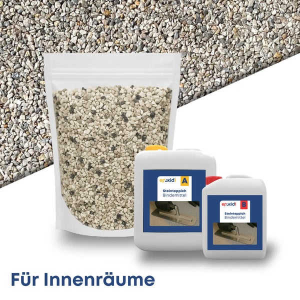Steinteppich-Set für Innenräume mit Kieselsteinen und zwei Kanistern Bindemittel auf Epoxidharzbasis.