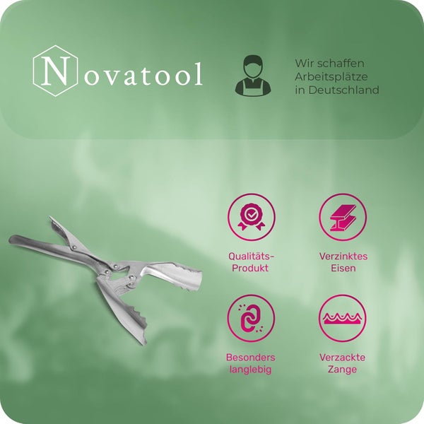 Novatool Logo, verzinkte verzackte Zange, Qualitätsprodukt, verzinktes Eisen, besonders langlebig, Arbeitsplätze in Deutschland.
