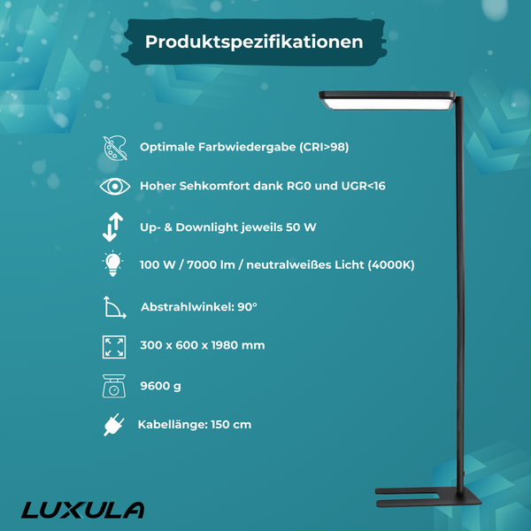 LUXULA LED Stehlampe Up/Down Bürolampe Schwarz 100W 7000LM 4000K Neutralweiß UGR16 CRI98 Dimmbar