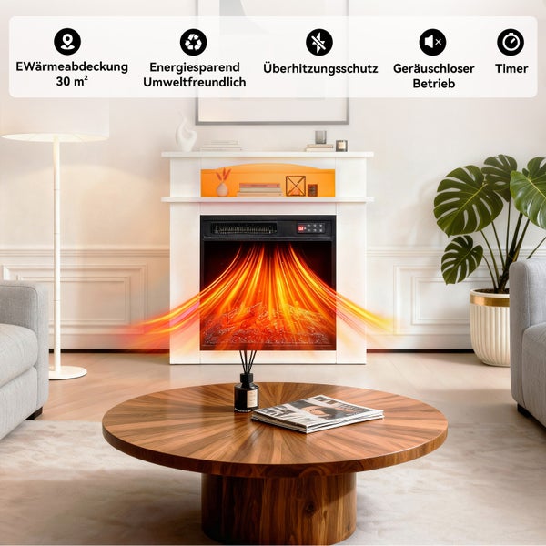Wohnzimmer mit Elektrokamin, der eine Heizfläche von 30 Quadratmetern abdeckt, energiesparend und umweltfreundlich ist, Überhitzungsschutz bietet, geräuschlos arbeitet und einen Timer hat.