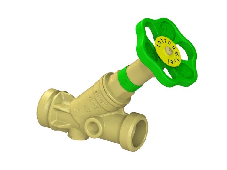 Schrägsitzventil DN 20, totraumfrei, mit Handrad für Trinkwasserinstallationen.