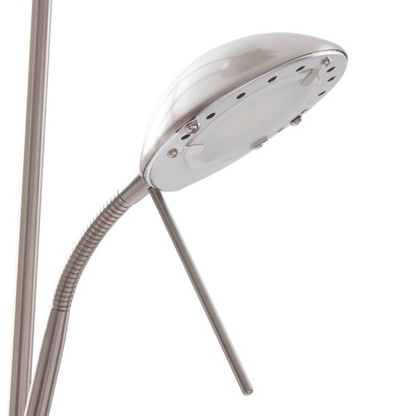 Detailansicht des flexiblen Lesearms einer Stehleuchte aus Metall mit rundem Leuchtenkopf.