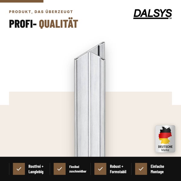 Dalsys Edelstahl Eckprofil für Fliesen mit Profilmerkmalen rostfrei, flexibel zuschneidbar, robust und montagefreundlich.