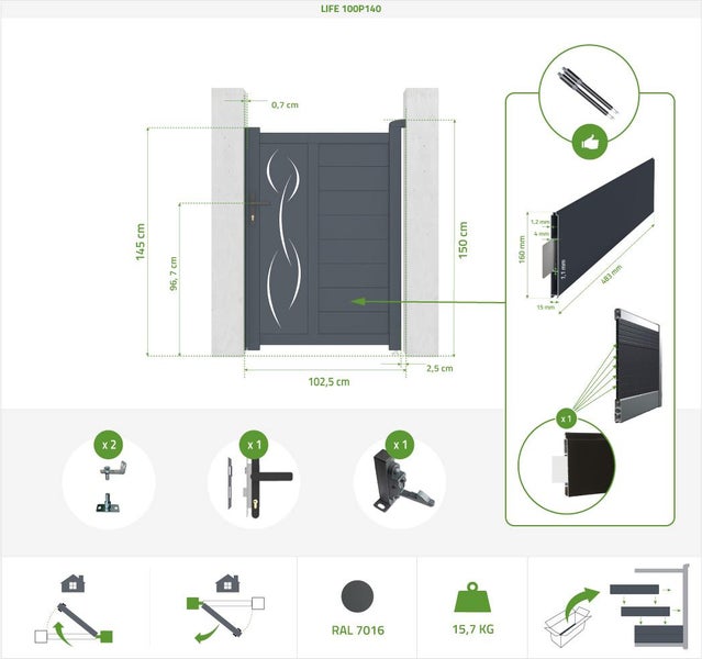 Schiebetor 6m LIFE H.140cm Aluminium + LIFE Tor H140 GRAU