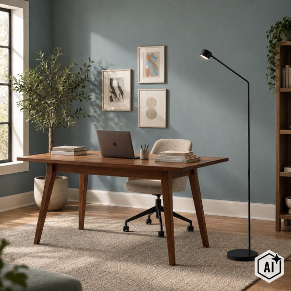 Modernes Arbeitszimmer mit Holztisch, Schreibtischstuhl, schmaler Stehleuchte und Wandbildern in einer hellen Wohnumgebung.