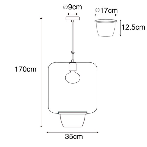 Technische Zeichnung einer Pendelleuchte mit den Maßen 170 cm Höhe, 35 cm Breite und Lampenschirmdurchmesser 9 cm.