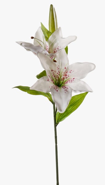 Künstliche Lilie mit weißen Blütenblättern, rosa Punkten, grünen Blättern und einer Knospe.