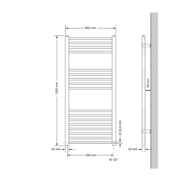 ECD Germany Badheizkörper 600 x 1200 mm - Weiß - gerade mit Seitenanschluss - Design Heizkörper Handtuchwärmer Handtuchtrockner Handtuchheizkörper Handtuchheizung Handtuchheizer Badezimmer Heizung
