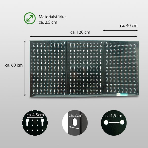 Lochwand Set für Werkstatt mit Maßangaben 120 mal 60 Zentimeter und Detailansichten der Lochabstände und Materialstärke.