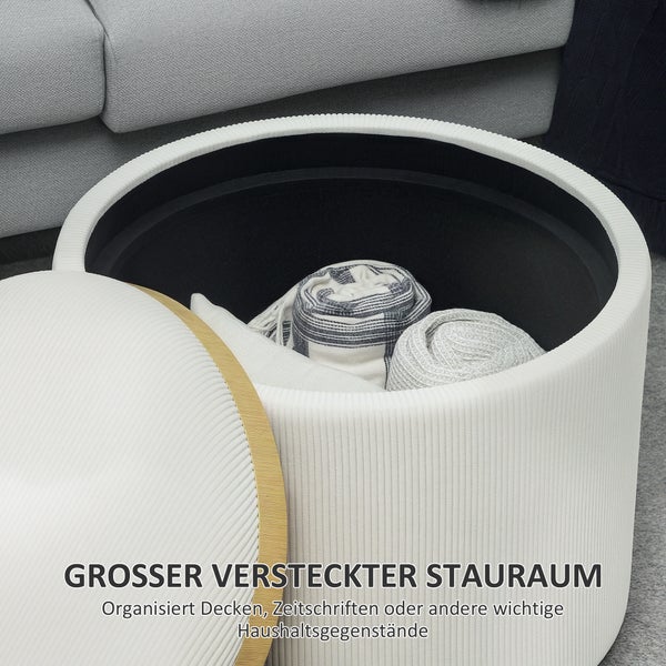HOMCOM Sitzhocker mit Stauraum Hocker mit Deckel, Runder Fußhocker Polsterhocker Couchtisch mit Cord-Optik 56 x 56 x 42 cm Cremeweiß