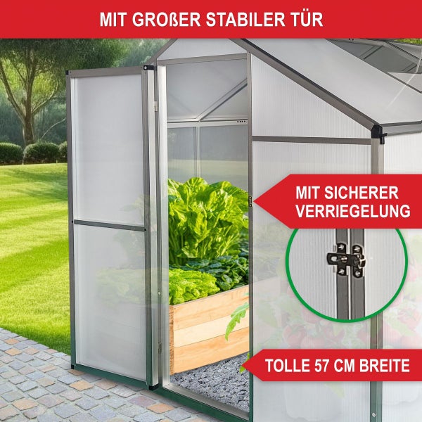 Gewächshaus mit weit geöffneter stabiler Tür, einer Breite von 57 Zentimetern und einer sicheren Verriegelung.