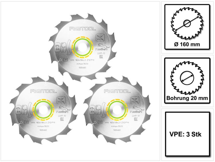 Festool 3x Panther Kreissägeblatt PW12 Holz 160 x 1,8 x 20 mm 160 mm 12 Zähne ( 3x 500460 ) HKC TS