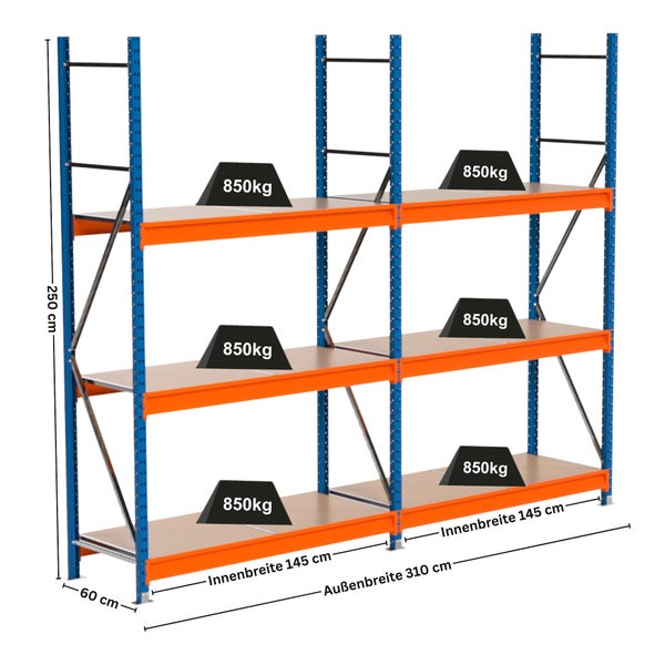 Belastbares Schwerlastregal mit drei Ebenen und den Maßen 250 cm Höhe, 60 cm Tiefe und 310 cm Außenbreite
