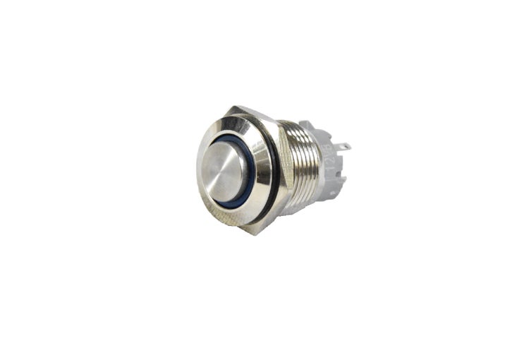 Drucktaster aus Metall mit Gewinde und rundem Tastknopf.