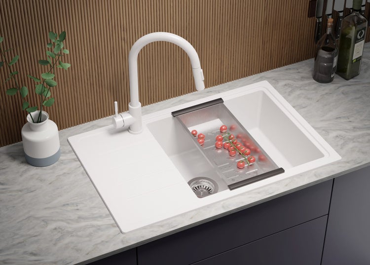 Spülbecken Weiß 78x50cm, Granitspüle 1 Becken + Ablauf-Set, Küchenspüle ab 60er Unterschrank - Kopenhagen von Primagran